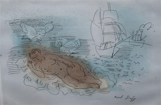 Raoul Dufy, a coloured print, Woman, butterflies and ships, 31 x 22cm